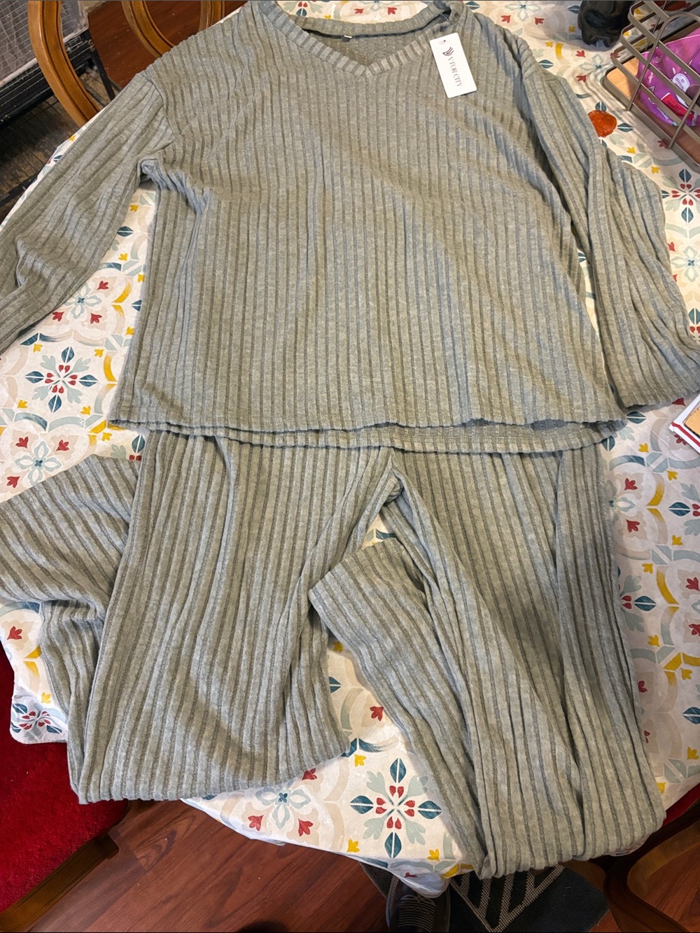 Ribbed Light Gray Women's Pajama Set - Long Sleeve Top & Pants